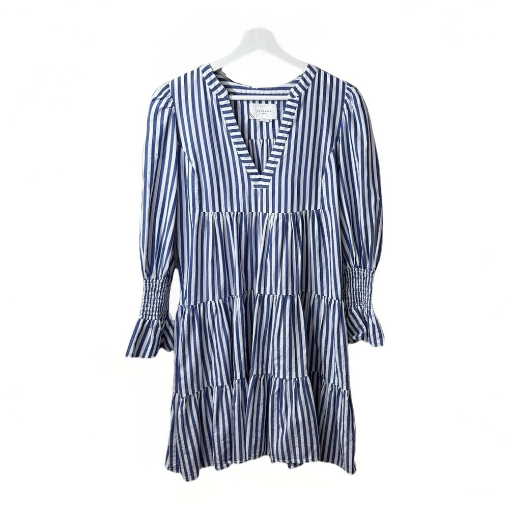Pomander Place Kenzo Blue White Stripe Pattern Tiered Cotton Poplin Dress XXS